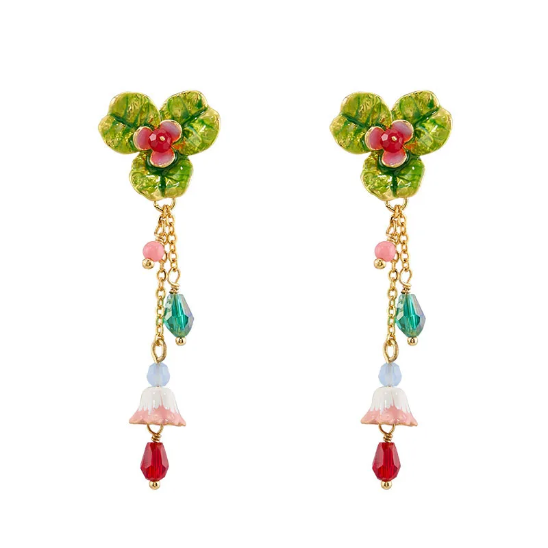 Pendientes Colgantes de Borla de Oxalis Esmaltados a Mano, Novedad 2026, Estilo Bosque, Minimalistas, Delicados y Elegantes, de Nicho, para Mujer, Joyería de Moda