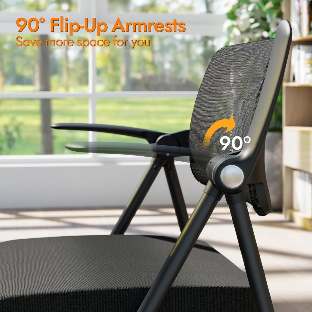 كرسي مكتب FYLICA قابل للتكديس وقابل للطي، كرسي مكتب قابل للطي مع مسند ذراع قابل للطي، شبكة مسامية، وسادة مقعد سميكة وهزاز