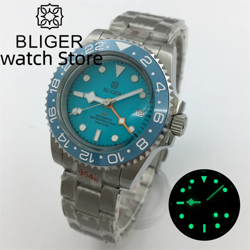 

Bliger40mm silver case Sky blue luminous dial Men's Watch Arch glass NH34 gmt Automatic Date Window 904L bracelet Ceramic beze