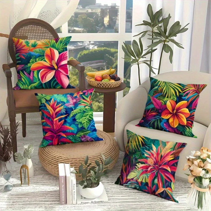 Pillow Covers 45x45 cm Vibrant Tropical Floral Outdoor Parabolic Peach Skin Velvet Pillow Covers Set Sofa Cushion Cover Design Pillowcase Decorative For Patio Furniture Couch Living Room Bedroom Home Special Day Holiday Celebration Backyard Party Outside