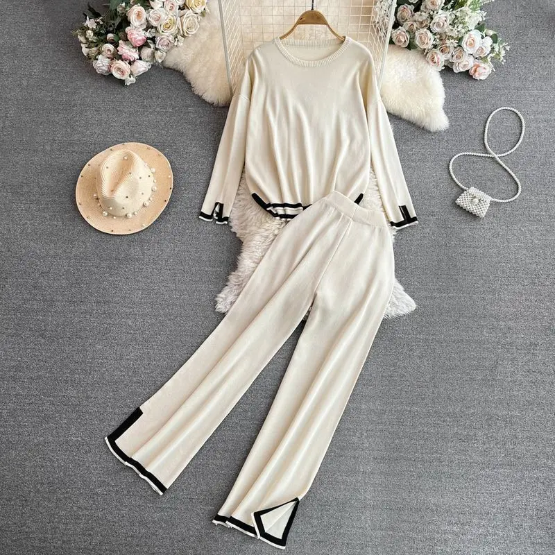

Pajamas for Women Casual Knitted Suits O Neck Long Knit Top+Split Wide Leg Pant Female Fashion OL Sweater Two Pieces Home Suit