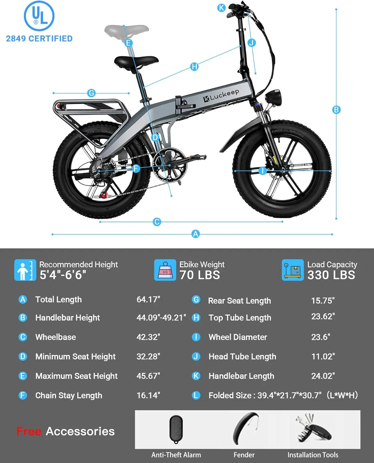 LUCKEEP X1 20" Bicicleta Elétrica Dobrável 750W (1400W Pico) Motor 48V 15Ah Bateria