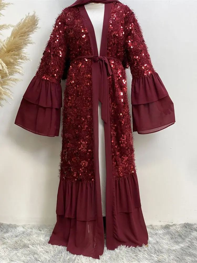 Imagem -05 - Elegante Ramadan Eid Lantejoulas Frisado Muçulmano Abaya Vestidos de Robe Longo Quimono Abayas Oração Islâmica Serviço Adoração Roupas Wq2399