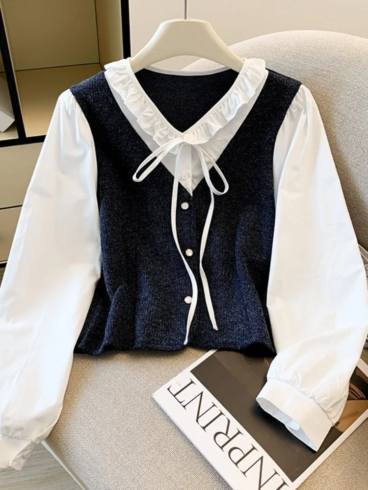 

Women's V-Ne ort irt Korean Sle Long Sve Color Blo Stitching Belted Autumn New Arrival Faion Ladies' Coat