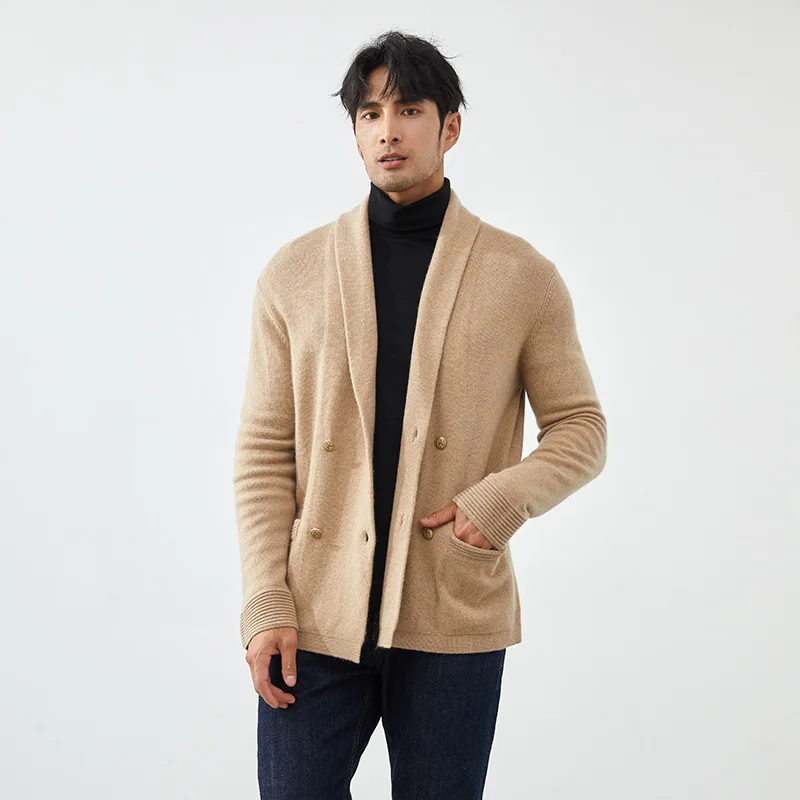 

Мужской двубортный кардиган из 100% кашемира, однотонный, вязаный, осенне-зимний, повседневный, с воротником-шалью и карманами