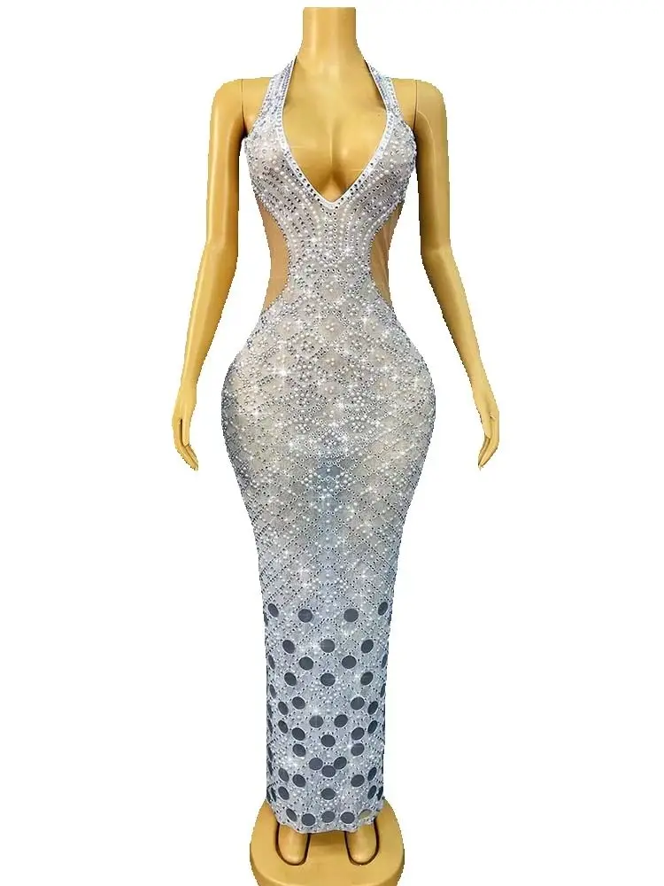 Vestido de mujer personalizado con lentejuelas y diamantes de imitación de alta calidad, vestido Sexy con cuello colgante y espalda descubierta, nueva moda 2025