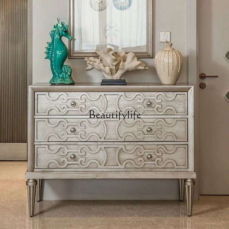 

yj32 American-style Light Luxury Entryway Cabinet Champagne Color Solid Wood Sideboard Decorative Hallway Storage Cabinet