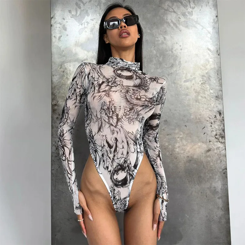 Combinaison de batterie en maille transparente imprimée pour femmes, costume de batterie maigre, manches longues, pull sexy, streetwear de embau,