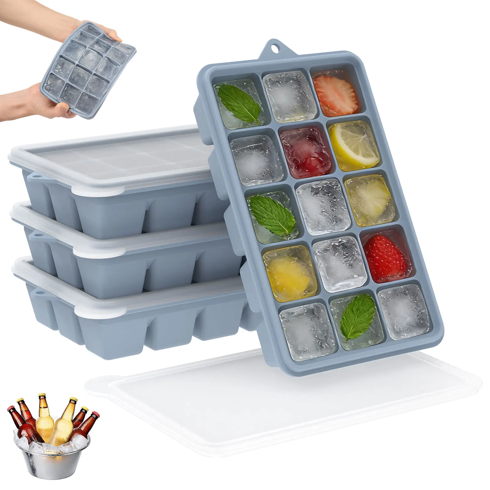 4er-Pack Silikon-Eiswürfelformen mit Deckel, 15 Fächer, Einfach zu Lösende Quadratische Eiswürfelform, Langsam Schmelzendes Eis für Cocktails und Whisky