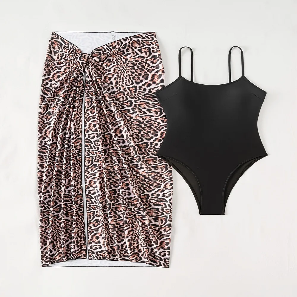 New Trend Sexy High Leg Cut Women Swimwear One Piece Swimsuit With Leopard Print Beach Vacation Tie-dye Sash Wrap Skirt