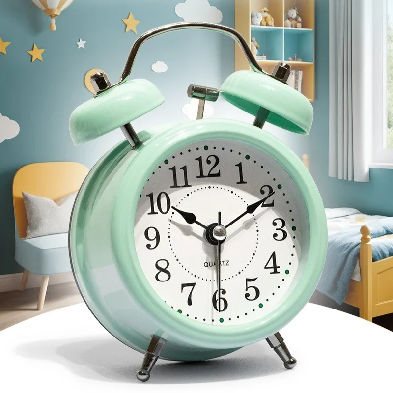 Creative Metal Alarm Clock Silent Scanning Night Light Quartz Clock Children Waking Up Big Bell Decorative Bedside Watch