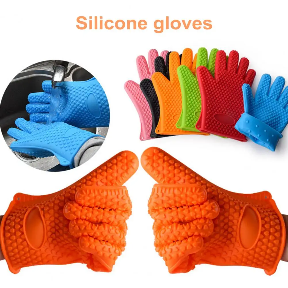 1 Pair Silicone Gloves Heat Resistant Oven Mitts With Quilted Liner Non-Slip Textured Grip Kitchen Gloves For BBQ Baking Cooking