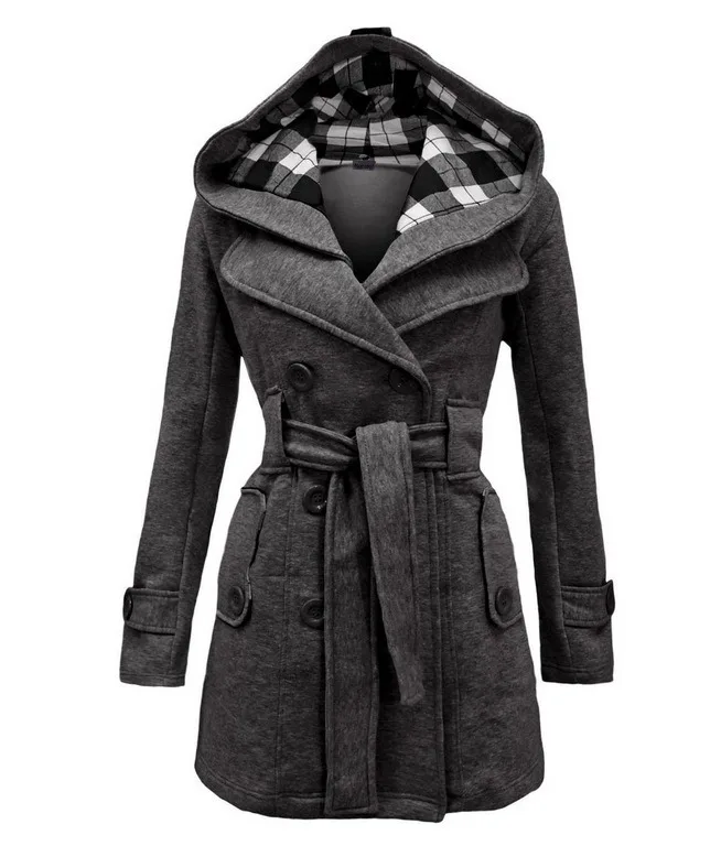 British Style Women Woolen Coat with Belt 2025 Double-Breasted Winter Coat Women's Jacket Double Neckline Plaid Hooded Overcoat