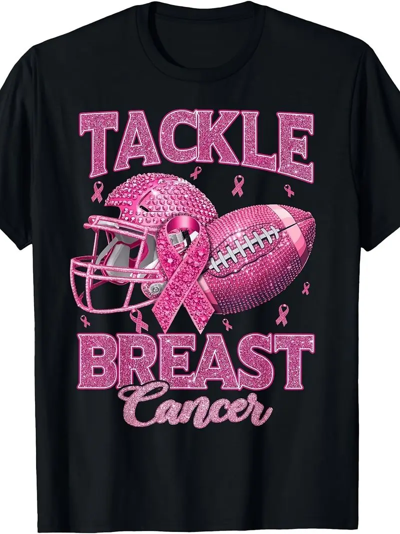 Breast Cancer Awareness Football Tackle Pink Ribbon October Support T-Shirt, Funny Christmas Shirts, Mens Graphic T-Shirts, Blac