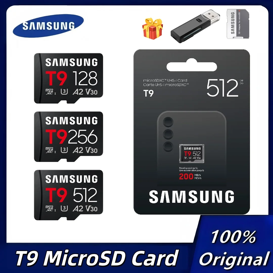 Tarjeta MicroSD Samsung T9 de 128 GB, 256 GB, 512 GB, Tarjeta de Memoria UHS-I U3 Full HD y 4K UHD, 200 MB/s de Lectura, 130 MB/s de Escritura, Tarjeta TF