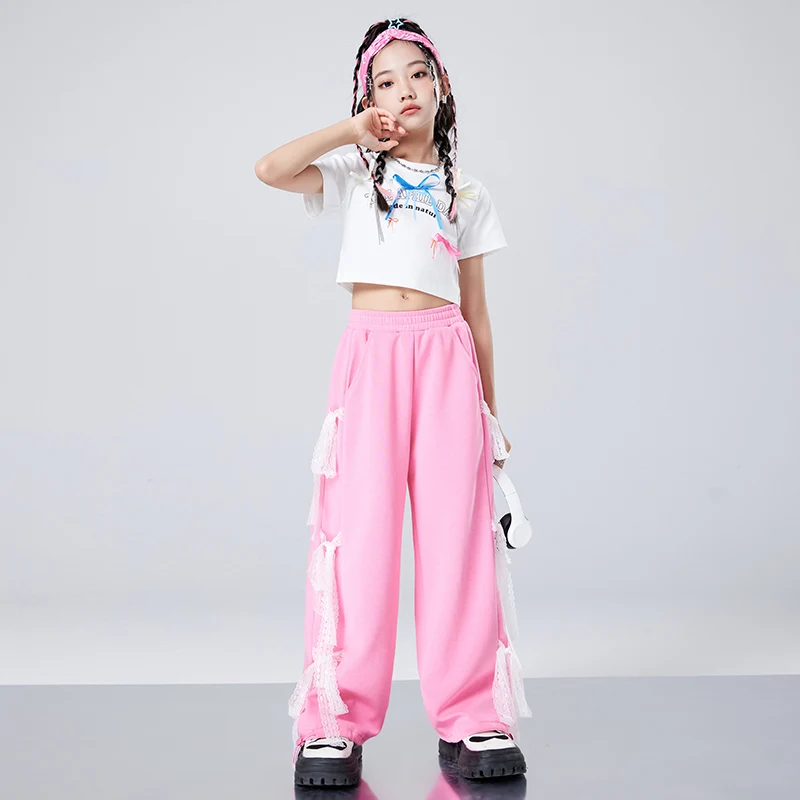 Kids Hip Hop Clothing White Crop Tops Tshirt Streetwear Pink Cargo Pants Streetwear for Girl Jazz Street Dance Costume Clothes