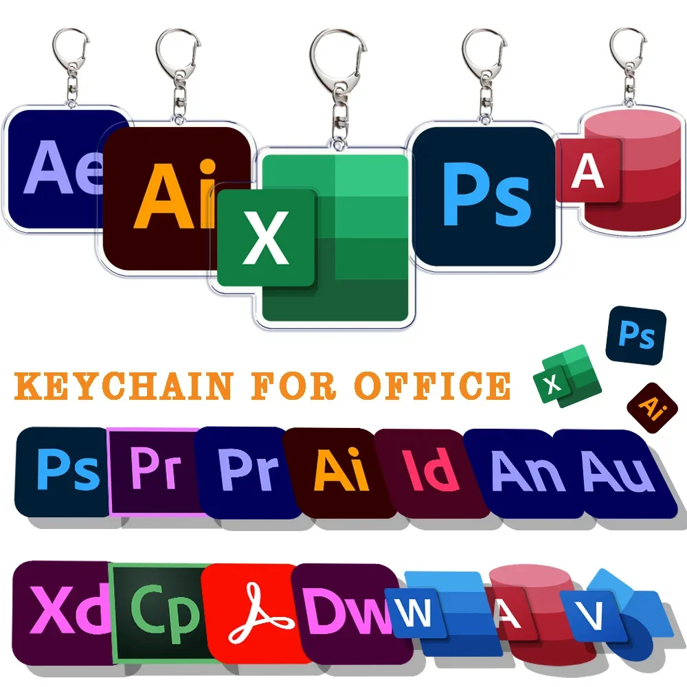 Creative Software Office Logo Llavero Keychain PS PR Excel Car Key Chain for Accessories Double Sided Ring Chains Jewelry Gift