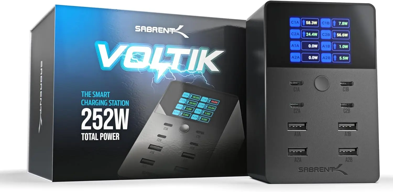 

252W 8-Port USB C/A Desktop Charger with LCD Display, Fast Charging for MacBook iPhone Samsung Devices