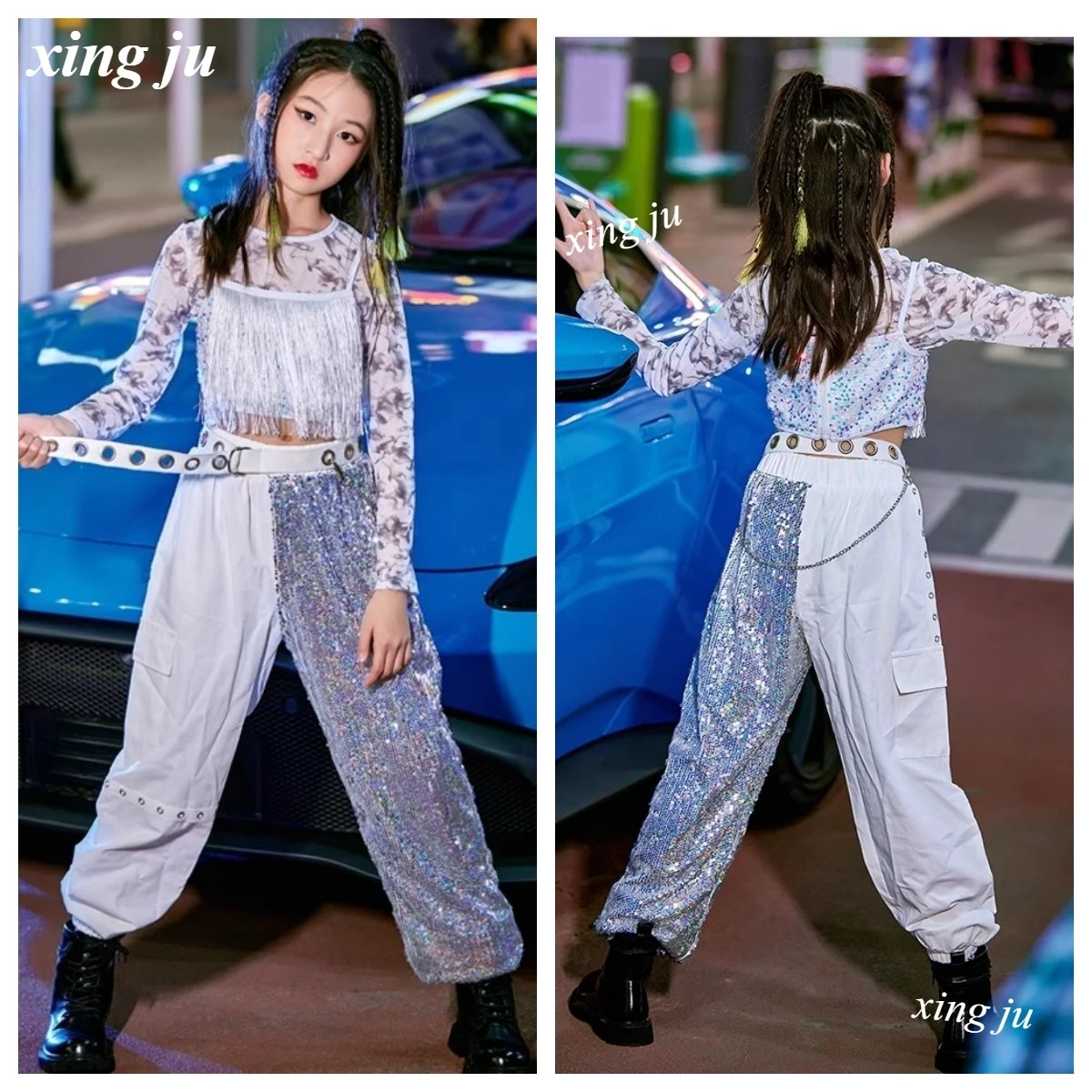 

Children Jazz Dance Costume Girls Street Dance Sling Tassel Vest Long Sleeve Tops Fashion Patchwork Pants Kids Stage Show Wear