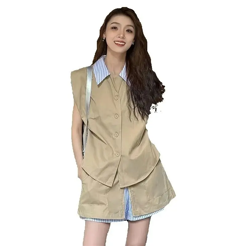 

Summer 2025 Retro Sweet Cool High-Grade Fake Two-Piece Shirt Women's Fashion Khaki Navy Blue Vest Coat Overalls Shorts Suit