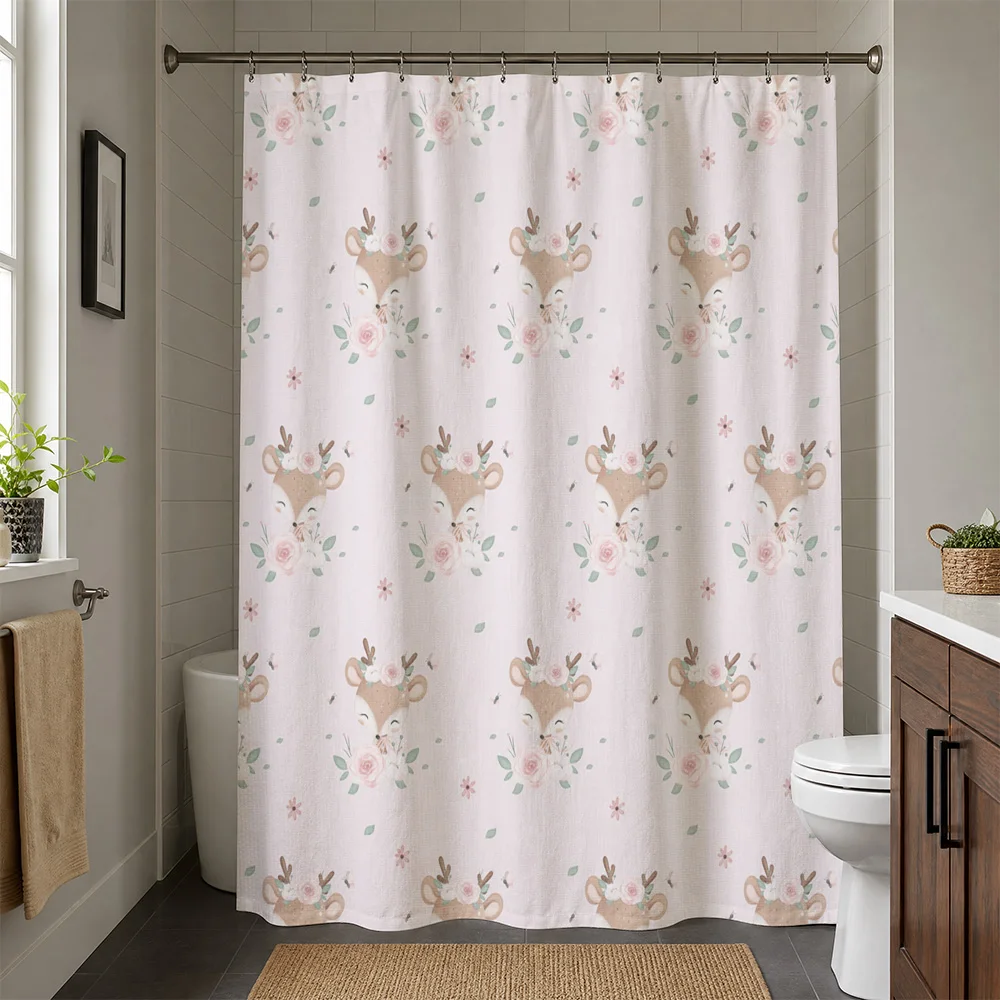 Cute Floral Deer Shower Curtain Waterproof Bathroom Decor Curtain Reindeer Animal Print Liner for Kids and Home Style Shower Cur