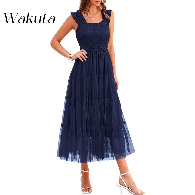 Wakuta Franse retro strapless mouwloos effen bruidsmeisje gast gewaad casual backless gegolfde rand chiffon vloeiende strand vestidos