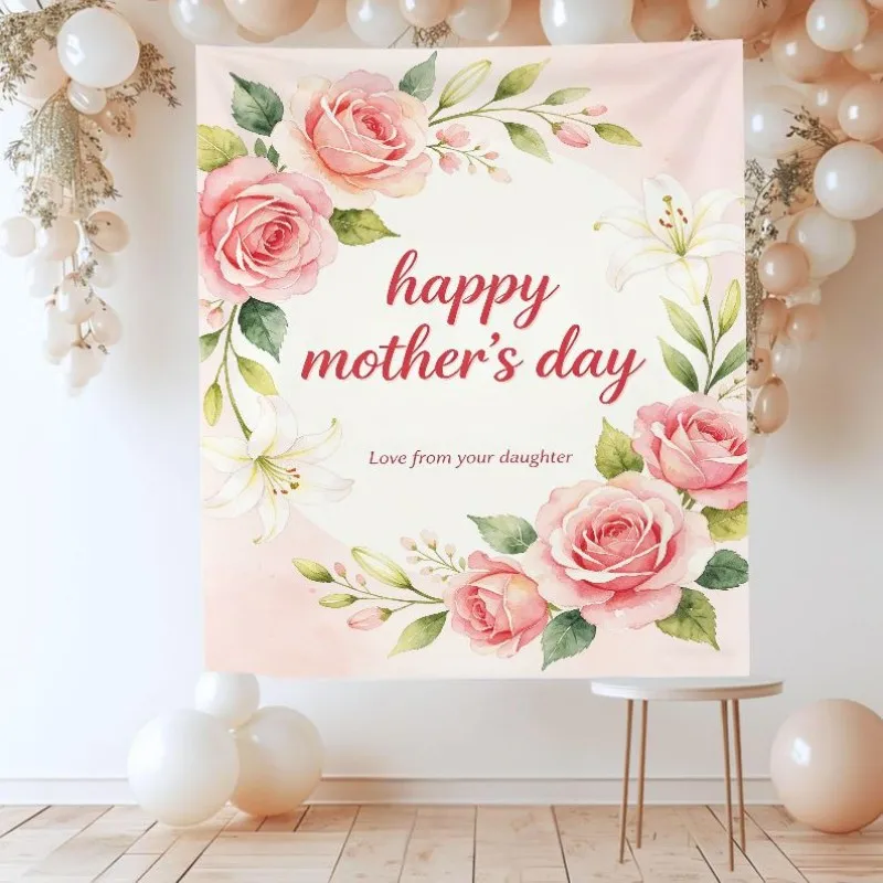 Happy Mother's Day Wall Tapestry Mother Child Silhouette Polyester Fiber Wall Hanging Home Decoration Party Decoration
