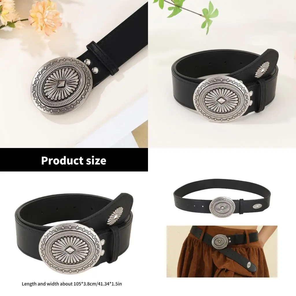 

652F Vintage Leather Belt Adjustable Leather Wide Belt Fashion Accessory Jeans Belt Western Styles With Aluminum Buckle