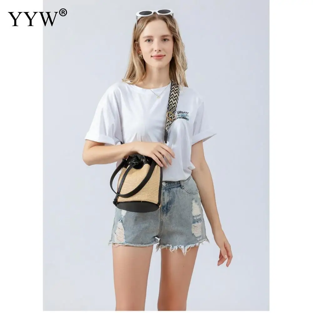 The Bucket Bag for Women Drawstring Handbag 2023 Summer Straw Woven Beach Bag Rattan Ladies Travel Purses Female Bucket Tote Bag