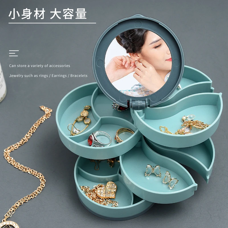 Rotating Four-Layer Jewelry Box Necklace Earrings Ring Bracelet Storage Organizer Multilayer Compartment Storage Box With Mirror
