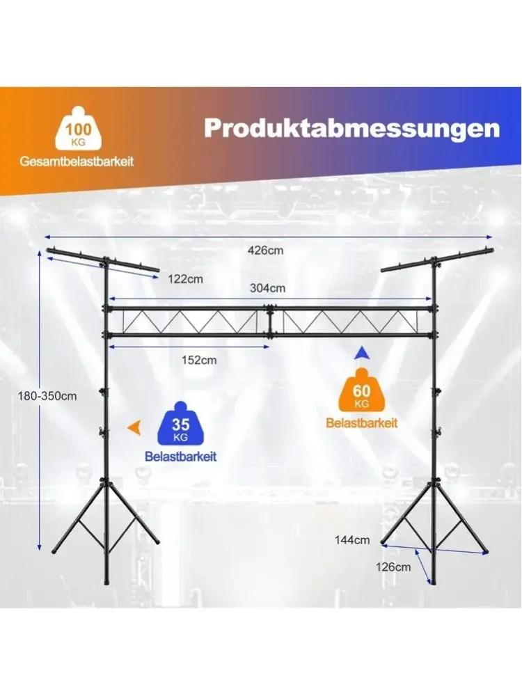 Hochbelastbares Metall-Beleuchtungs-Traversenstativ, höhenverstellbar 180-350 cm, mit 32 Befestigungspunkten für Bühne, DJ, Club, Party