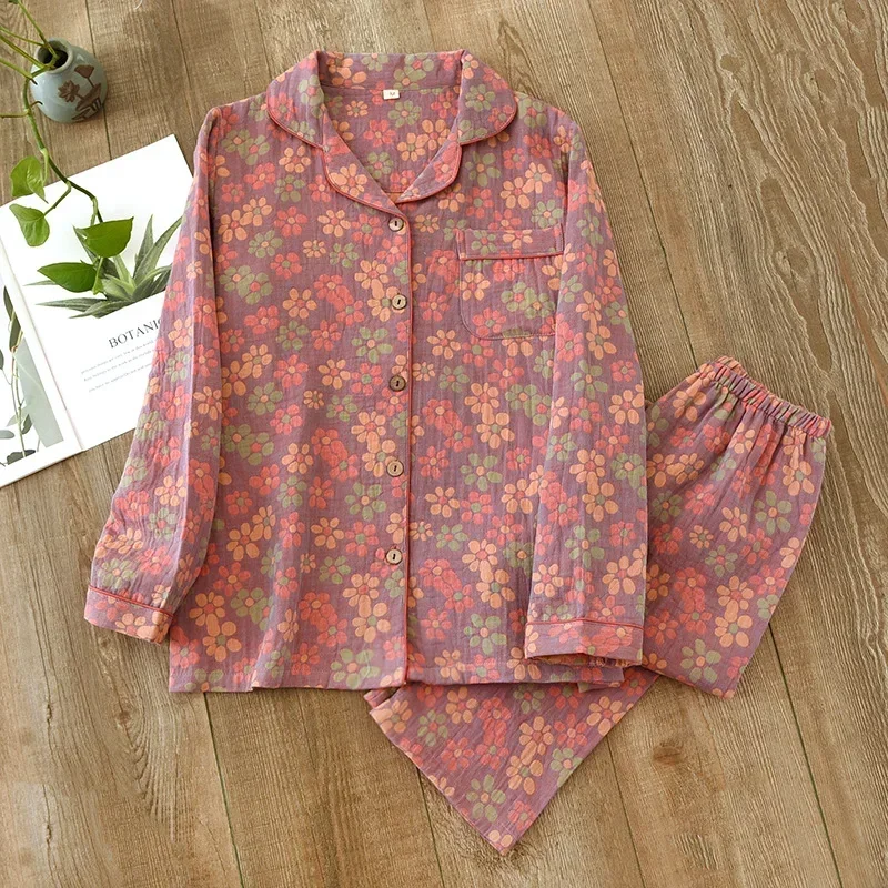 

2024 New Spring/Summer Pajama Set 100% Cotton Fragmented Flower Long sleeved Pants Two piece Buckle Home Fury Set Ladies