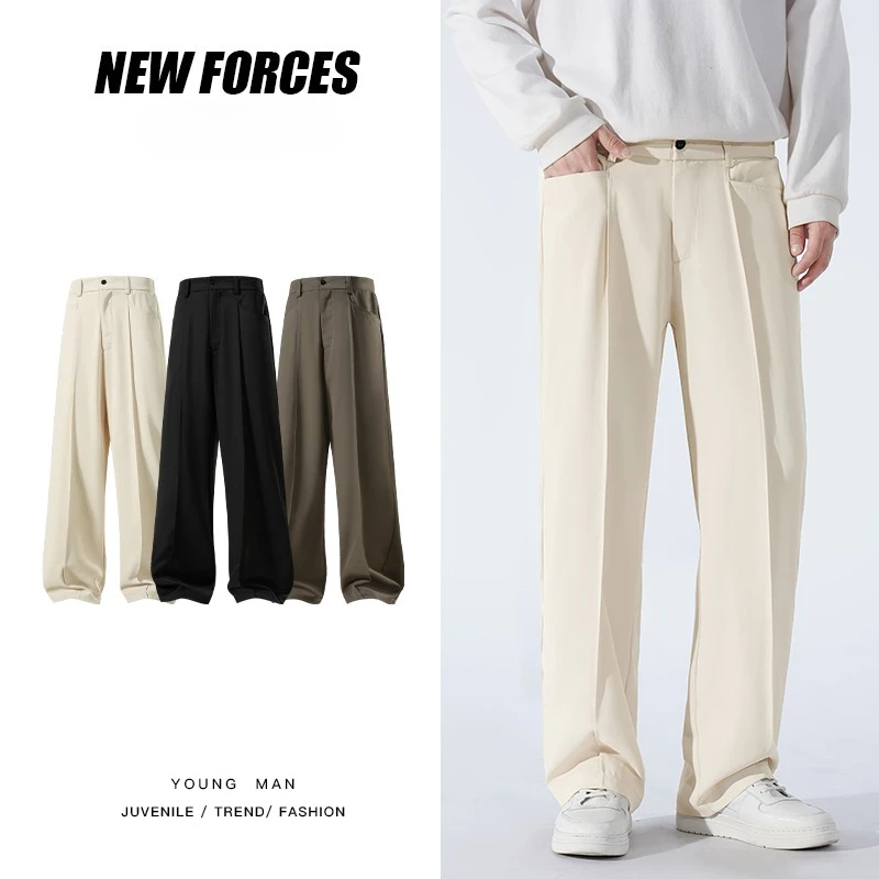

Anti Wrinkle Drapey Straight Leg Small West Pants Men's Spring Autumn New Elastic Waist Extended Leg High Waist Casual Pants