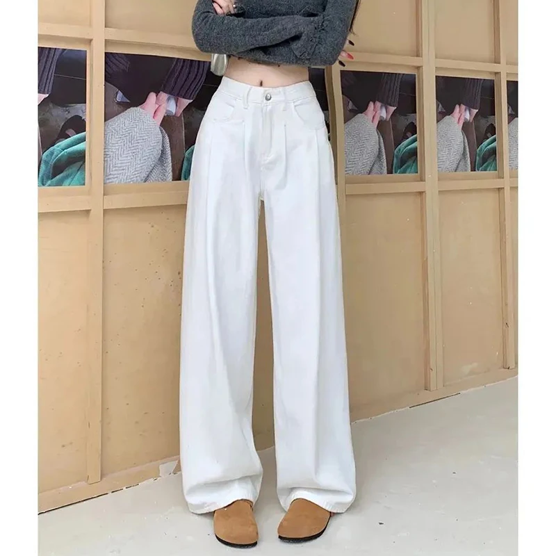 

Women Concise High Waisted Jeans Pants Lady Korean White Denim Pants Girls Designer Baggy Straight Leg Jeans Trousers