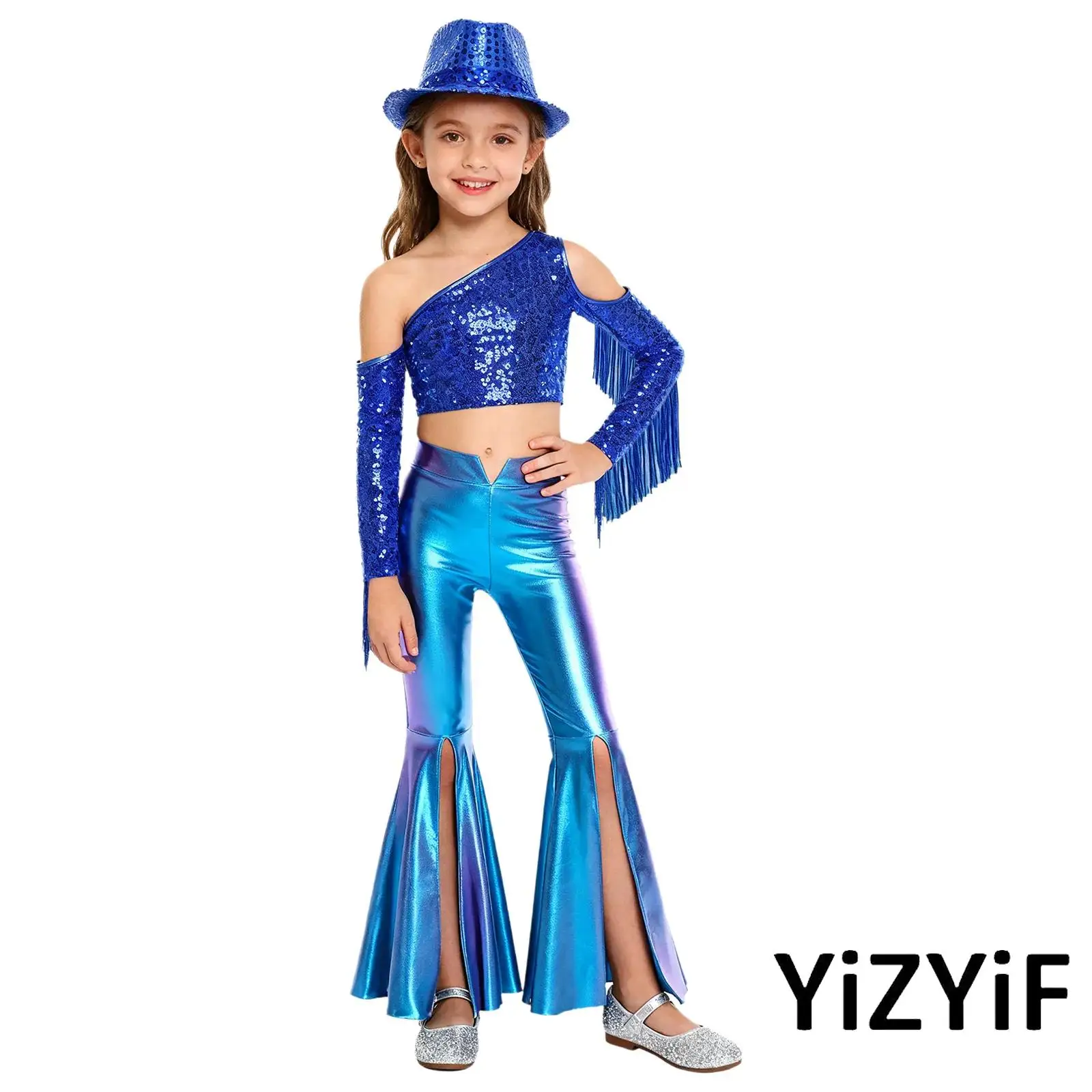 

Kids Girls Glamorous Stage Pageant Costume Set Cold Shoulder Sequin Crop Top+Bell Bottom Pants+Fedora Hat Disco Cowgirl Outfit