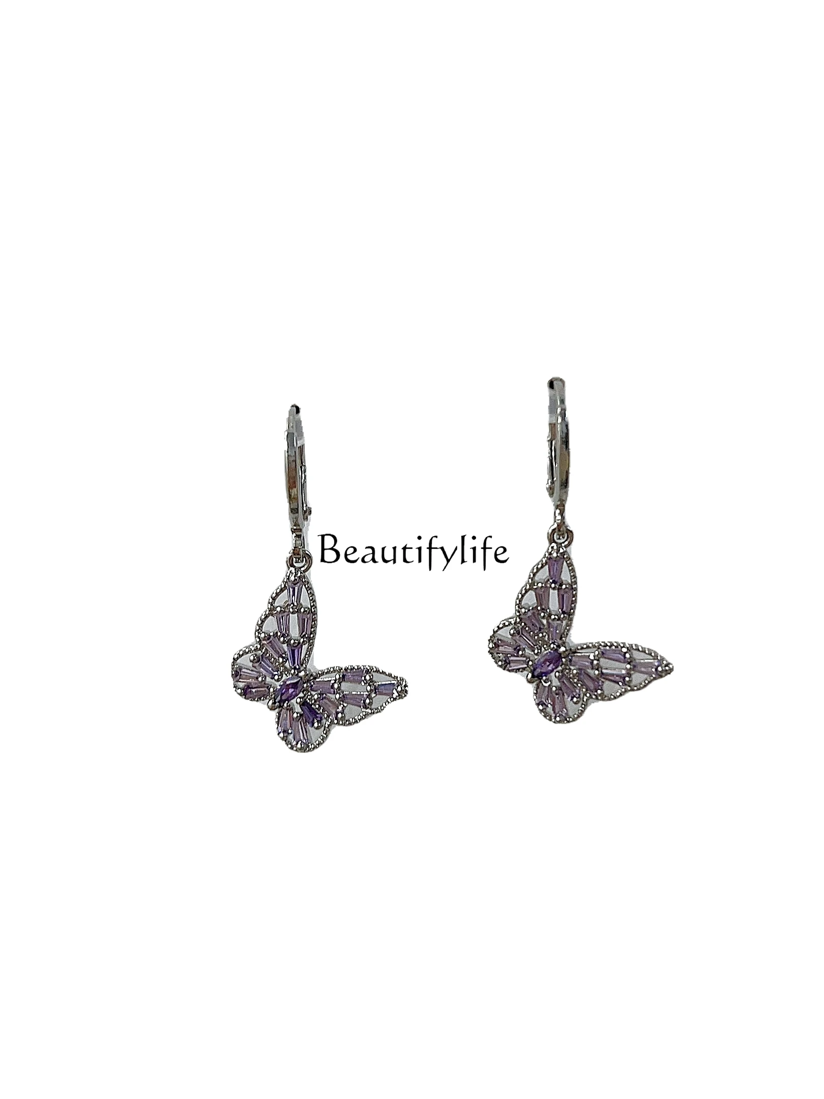 Hollow Butterfly Silver Earrings, Zircon, Cold Purple, White