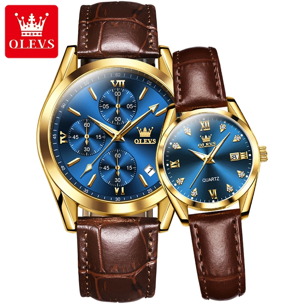 OLEVS Couple Quartz Watches For Lovers Top Brand Luxury Leather Clock Waterproof Wristwatch Fashion Casual Ladies Watch Couple