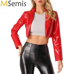 Womens Fashion Lapel Patent Leather Jacket Motorcycle Costume Wet Look Long Sleeve Cropped Coat for Party Club Music Festival