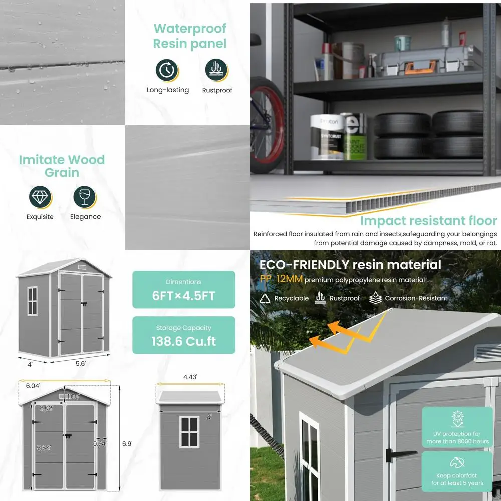 

6x4.5ft Outdoor Plastic Storage Shed with Lockable Door for Garden, Bikes, and Tools in Grey & White