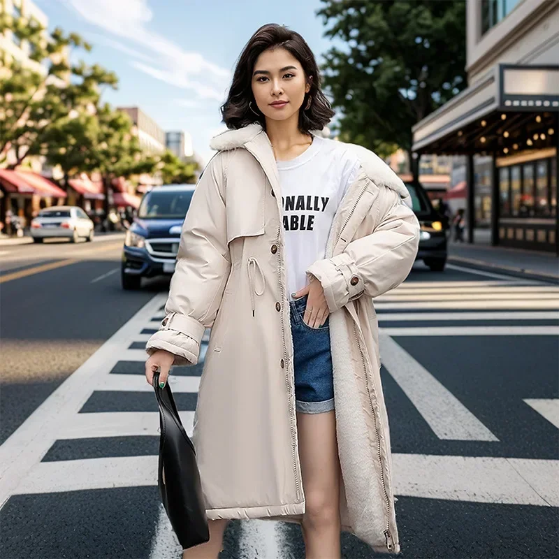 

Winter Women's Long Parkas Top Female Fur Collar Plus Velvet Cotton Jacket Women's Waist Drawstring Coat Women's Clothing New