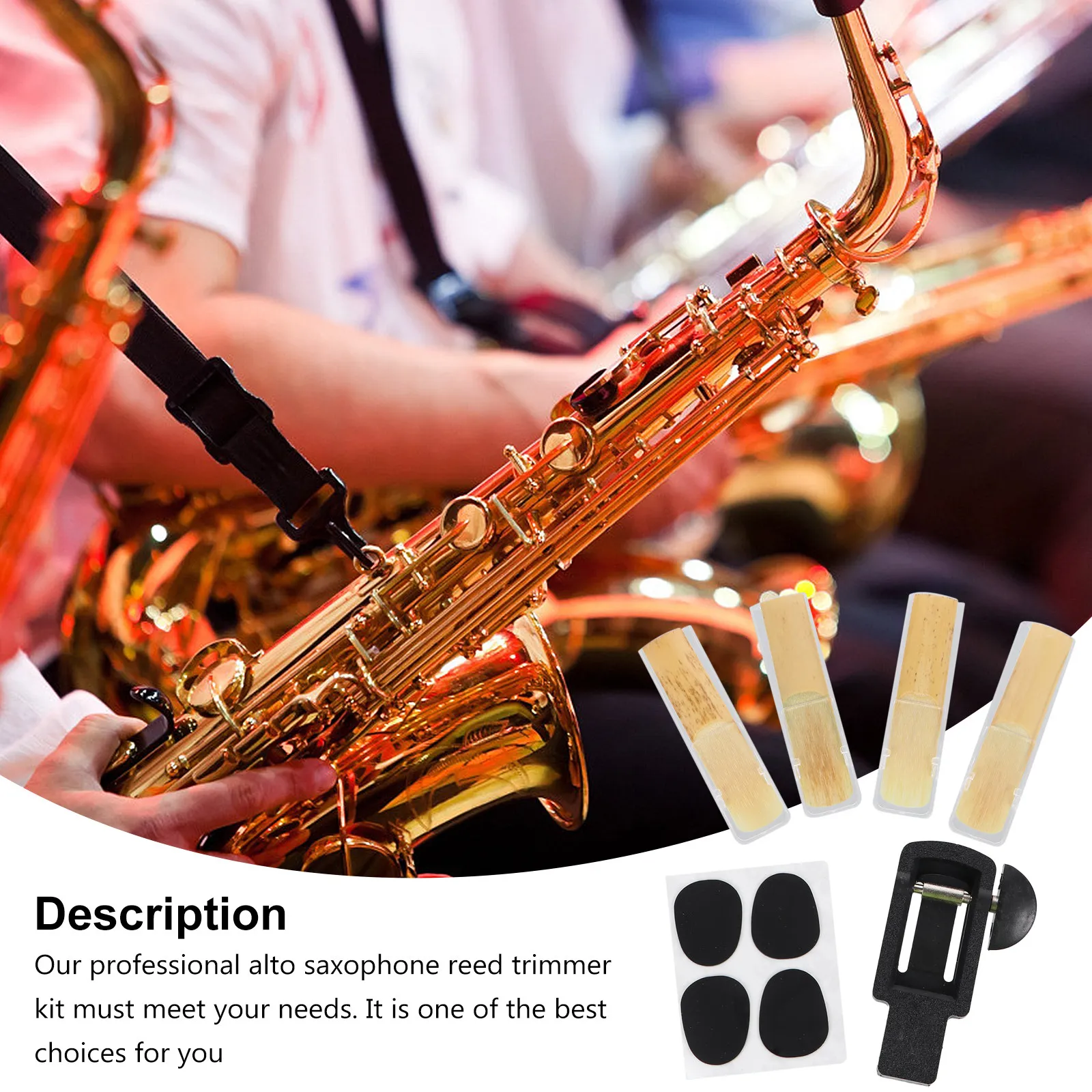 Alto Saxophone Reed Trimmer Kit Adjustable Reed Cutter Length Correction Tool with Mouthpiece Pads