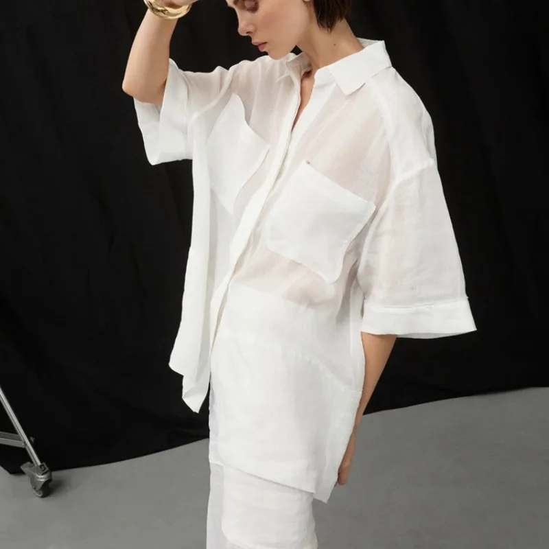 

Y2K Рубашка с короткими рукавами и карманами, топ с высокой талией и разрезом, длинная юбка, комплект INS, летние хлопковые наряды, элегантный женский свободный комплект из двух предметов