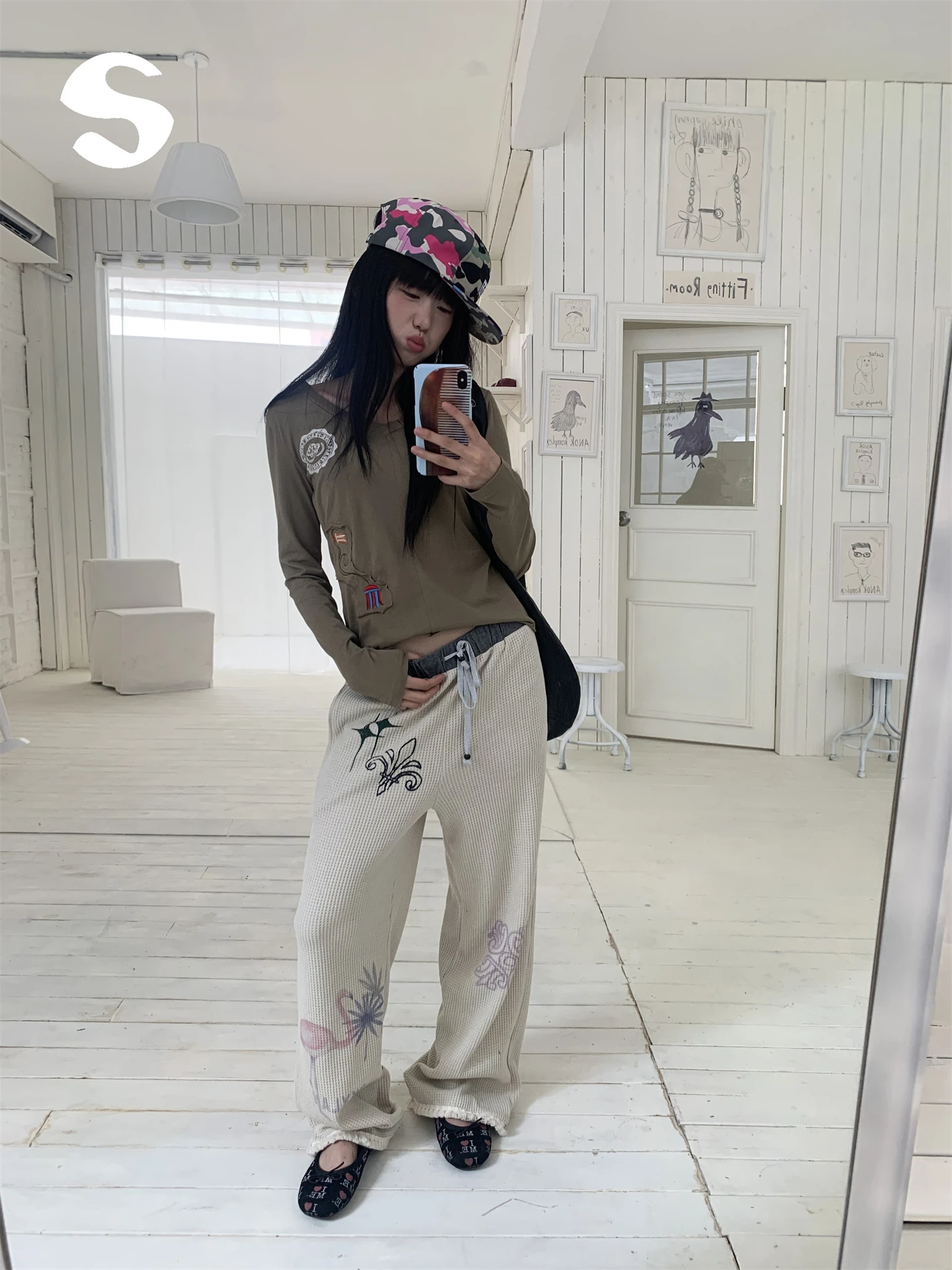 Gray Loose Straight Leg Pants Women's Casual Trousers Printed Tassel Design High Waist Comfortable Warmth Fashionable Autumn