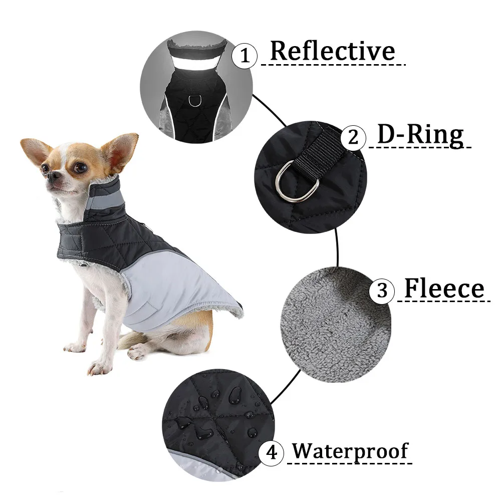 Reflective Dog Jacket Fleece Lined Warm Winter Pet Clothes Adjustable Hook Loop Coat for Small Medium Dogs French Bulldog Pug