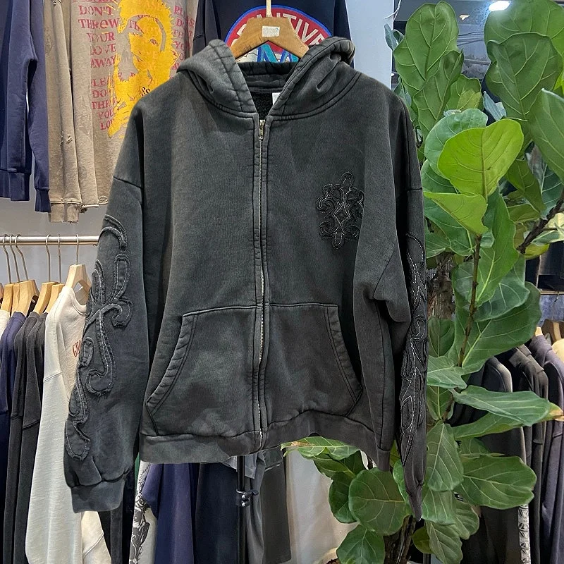 

Retro American Street Hip Hop Embroidered Patched Fce Hooded Zipper Open Cardigan Sweatirt Men's Loose Fit Cotton Sweats...