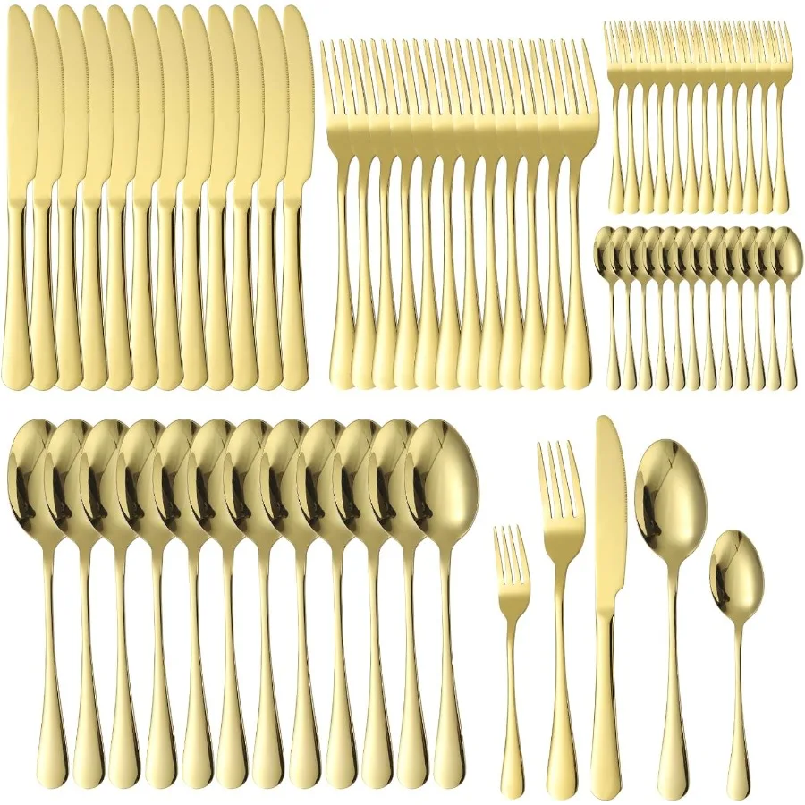 

Gold Silverware Set 12 Stainless Steel Flatware Set 60 Piece Spoon Fork Knives Round Wide Handle Proper Weight Dishwasher Safe
