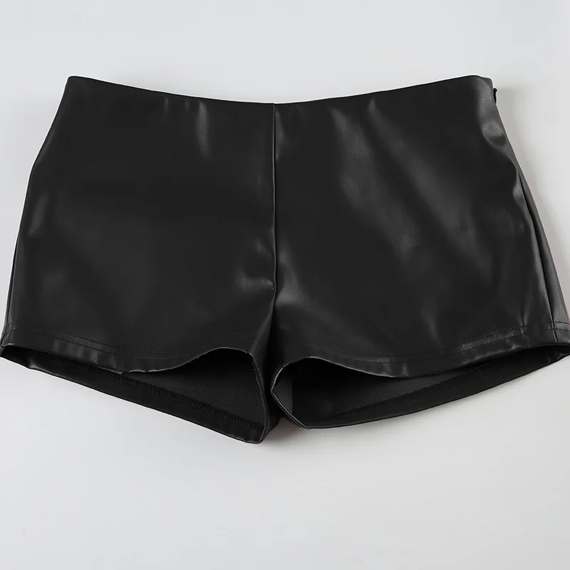 2025 Autumn New Fashion Solid Color PU Leather High Waist Slim-fit Micro-elastic Super Shorts Women