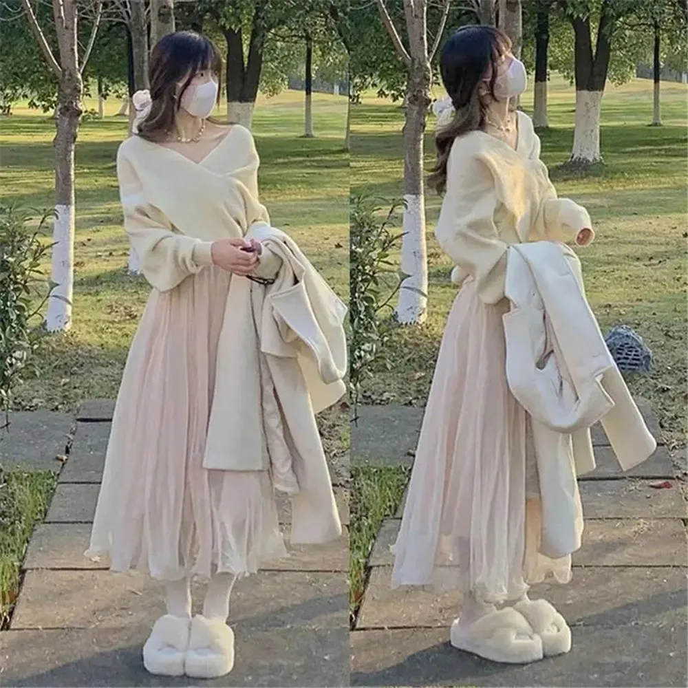 Women Irregular 1pc/2pcs Set V-Neck Cross Sweater Knitwear Loose Solid +Ruffled Tulle Long Skirt Korean Temperament Sweet Suit