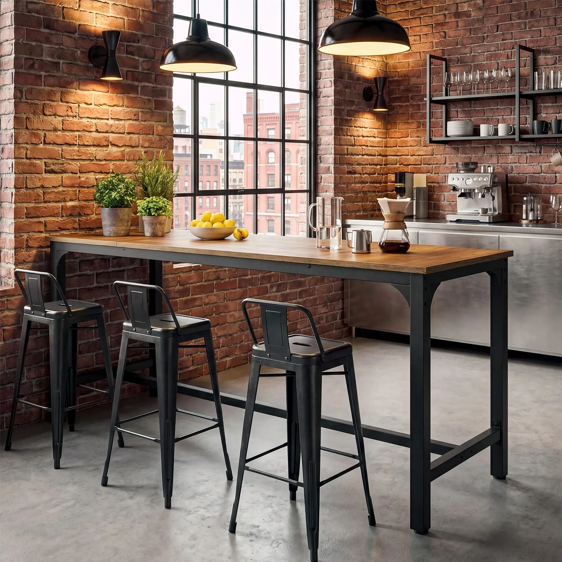 70.9-Inch Long Bar Table, Industrial Counter Height Pub Table with Metal Footrest, Rectangular High Top Kitchen Home