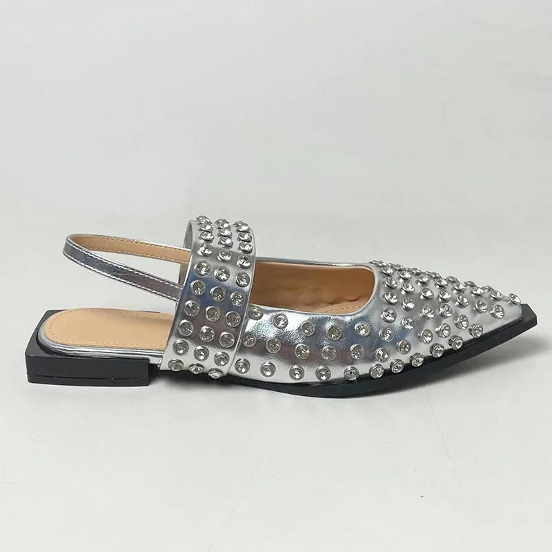 New 2024 Pointed Toe Sandals Women Flats Shoes Fashion Crystal Shallow Rhinestones Footwear Slingbacks Ladies Sandals Shoes